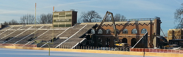 Long view of the demolition of the West Stands. (Photo by Patricia Frechette)