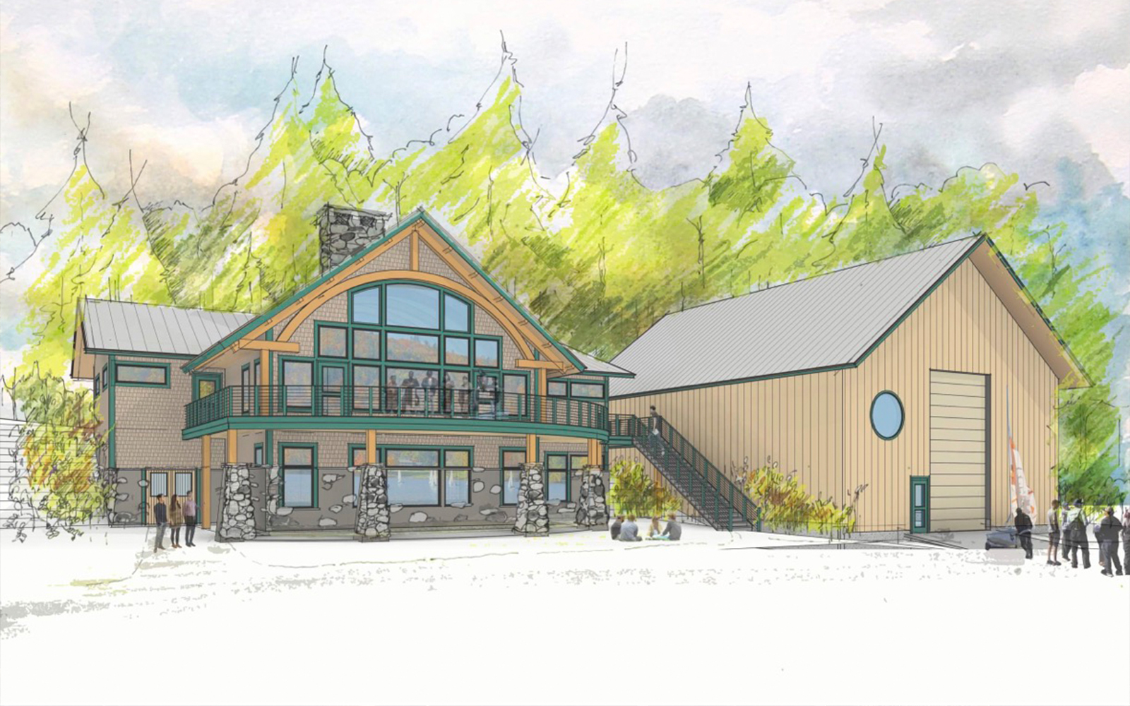 The rendering of the new boat house and boat barn at the sailing facility 